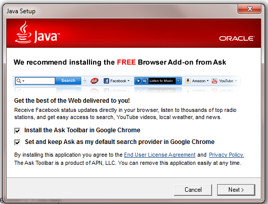 ty4ns - ask toolbar install by default in java
